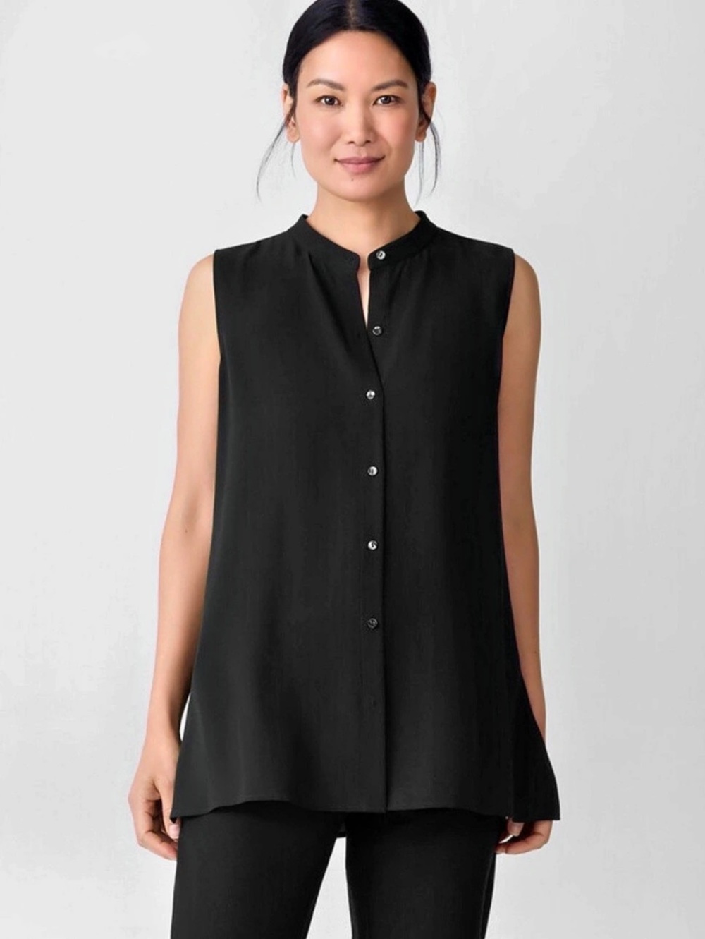 Eileen Fisher Silk Georgette Crepe Mandarin Collar Sleeveless Shirt Size XL